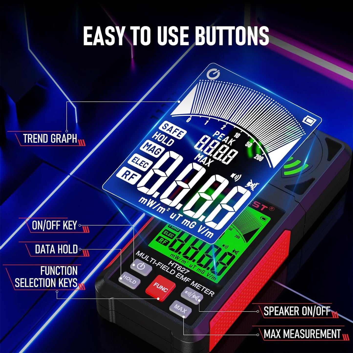 Detector de radiatii 3 in 1, masoara semnale camp electric EF, camp magnetic MF, radiatii electromagnetice RF, cu display, alerta sonora, detector fantome, oprire automata, usor de utilizat