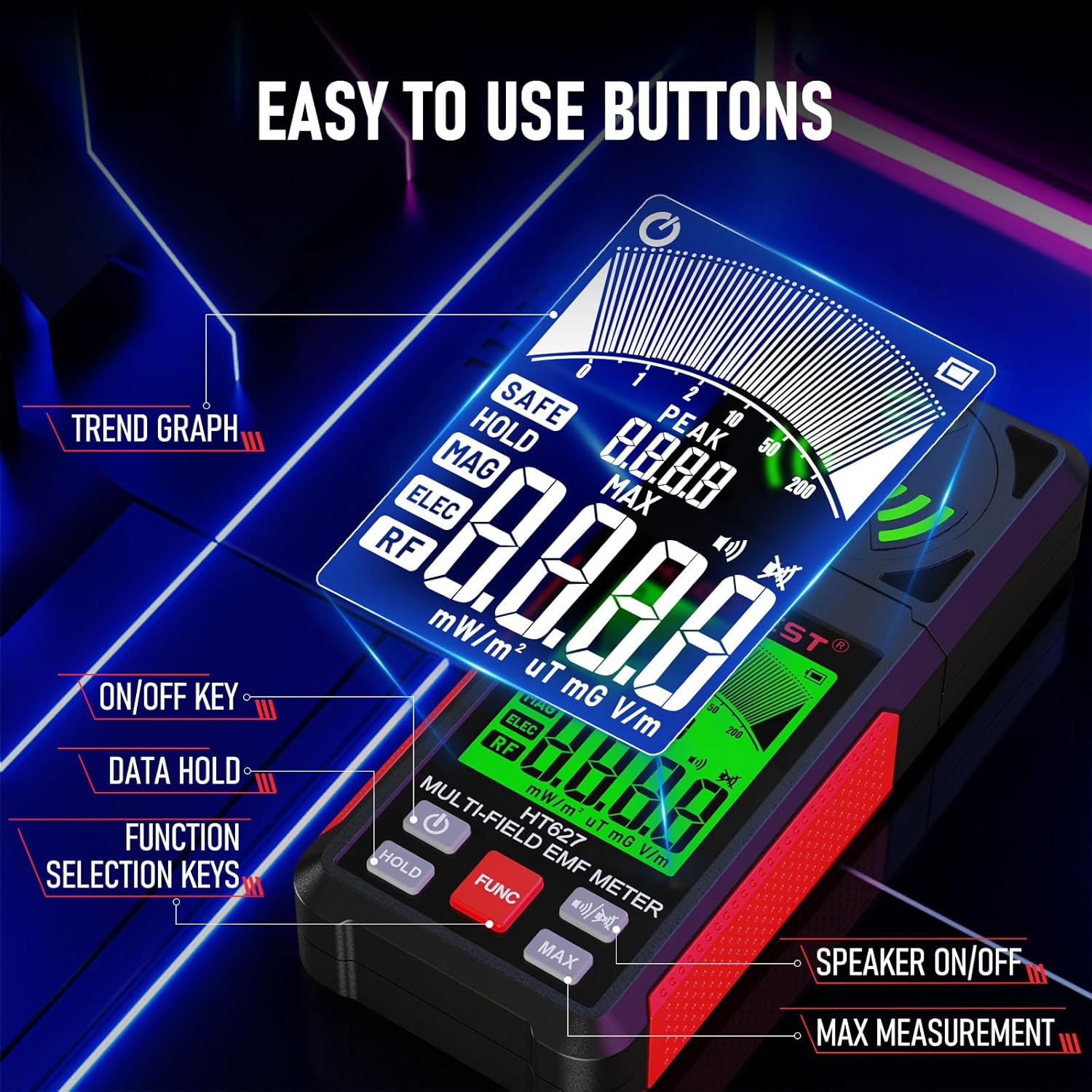 Detector de radiatii 3 in 1, masoara semnale camp electric EF, camp magnetic MF, radiatii electromagnetice RF, cu display, alerta sonora, detector fantome, oprire automata, usor de utilizat