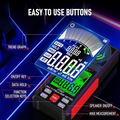 Detector de radiatii 3 in 1, masoara semnale camp electric EF, camp magnetic MF, radiatii electromagnetice RF, cu display, alerta sonora, detector fantome, oprire automata, usor de utilizat