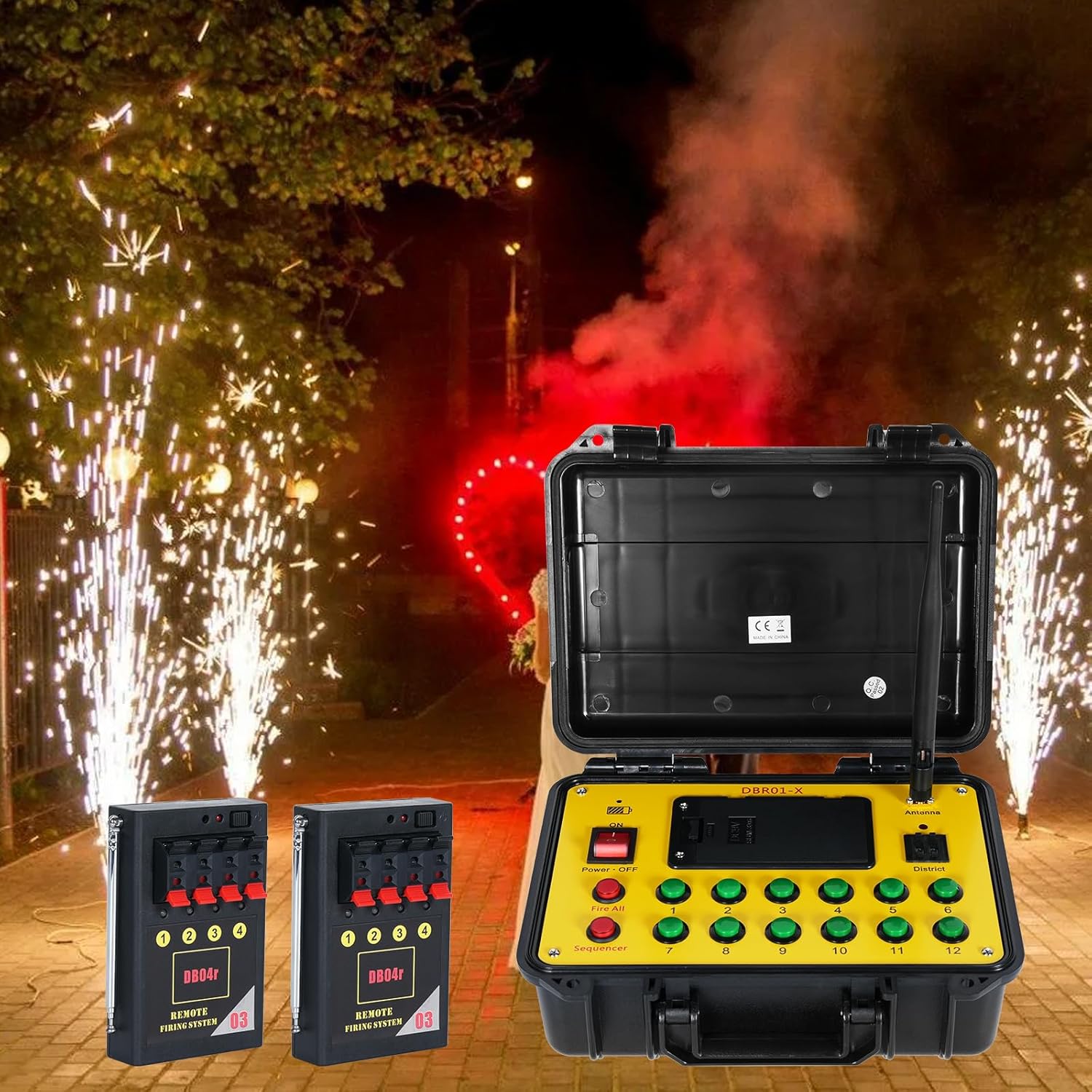 Set aprindere artificii cu 1 transmitator wireless si 9 declansatoare cu 4 canale, pana la 500 m raza de actiune, comutare de la distanta, multifunctional