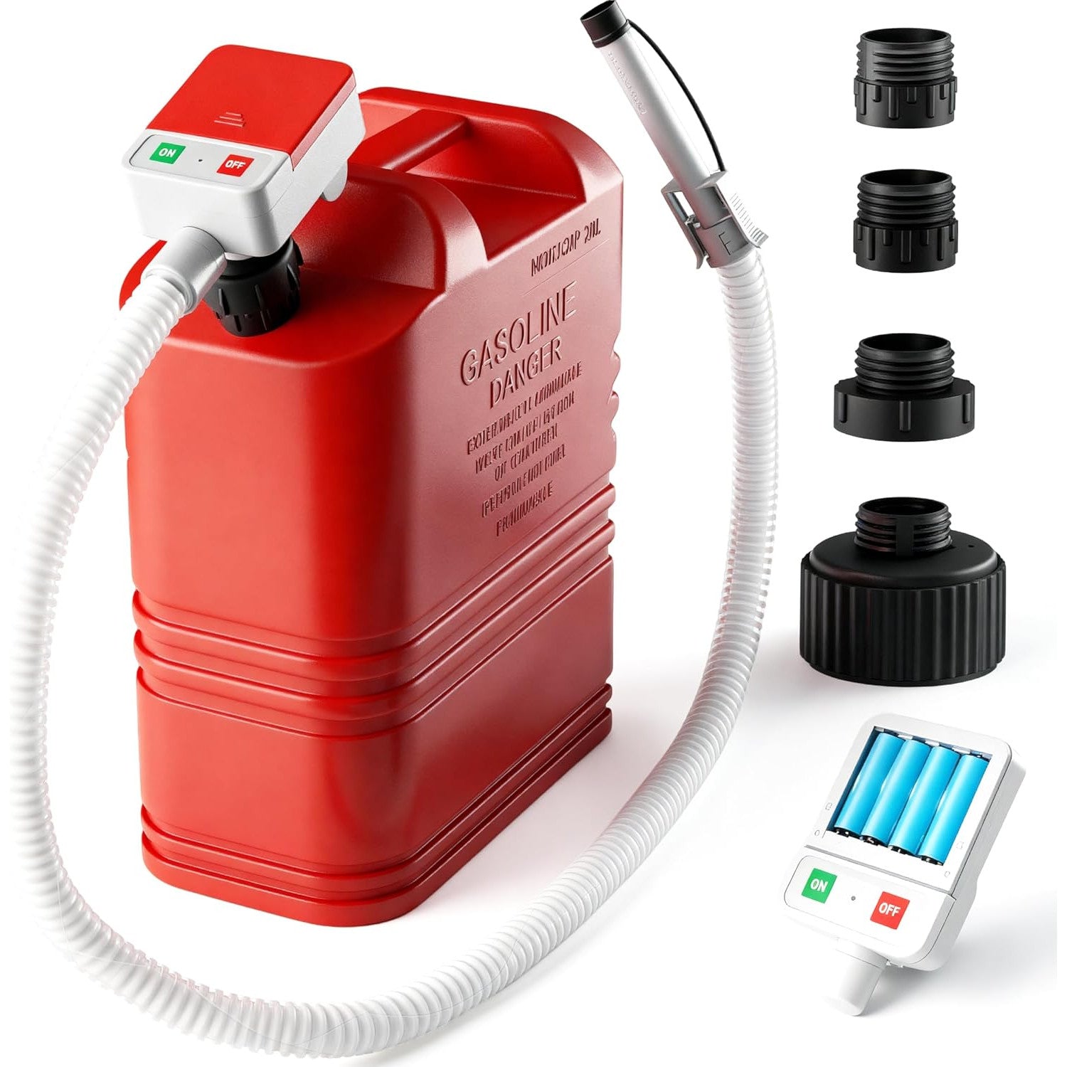 Pompa electrica de transfer combustibil, alimentare cu baterii, cu senzor de oprire automata, portabila cu 4 adaptoare, furtun lung 130 mm, multifunctionala pentru benzina, motorina, ulei – Pentru canistre, tractor, generator sau masina de tuns iarba
