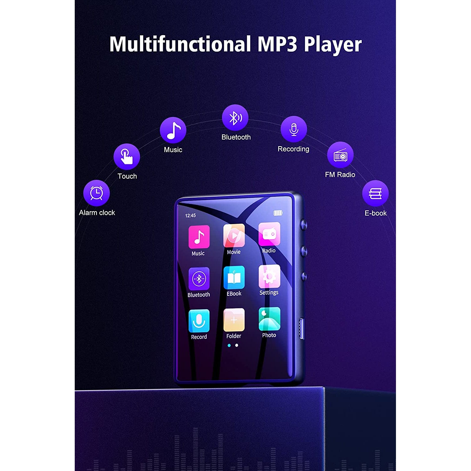 MP3 Player cu touchscreen 2,4 inci, 32 GB, Bluetooth 5.0, HiFi audio, portabil, cu difuzor, Radio FM, suporta card pana la 128GB, Mechen
