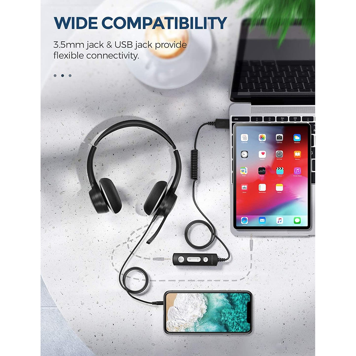 Casca call center USB Soulsens BH328A, microfon cu anulate a zgomotului, sunet clar, confortabile, 3.5 mm, pentru PC, telefon, apeluri Skype, videoconferinta