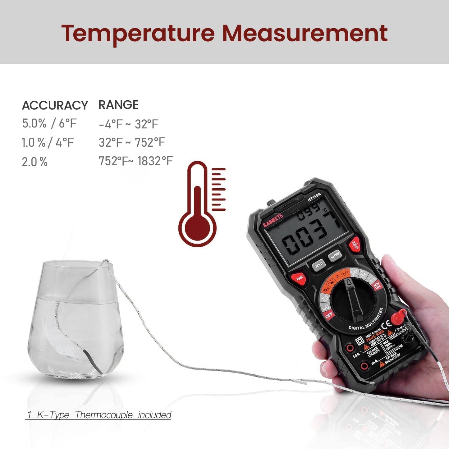 Multimetru digital CAT III 1000V CAT IV 600V True RMS, lumina LED, gama automata 6000 Counts, AC/DC, temperatura, capacitate, frecventa, rezistivitate, continuitate, NCV, Kaiweets HT118A