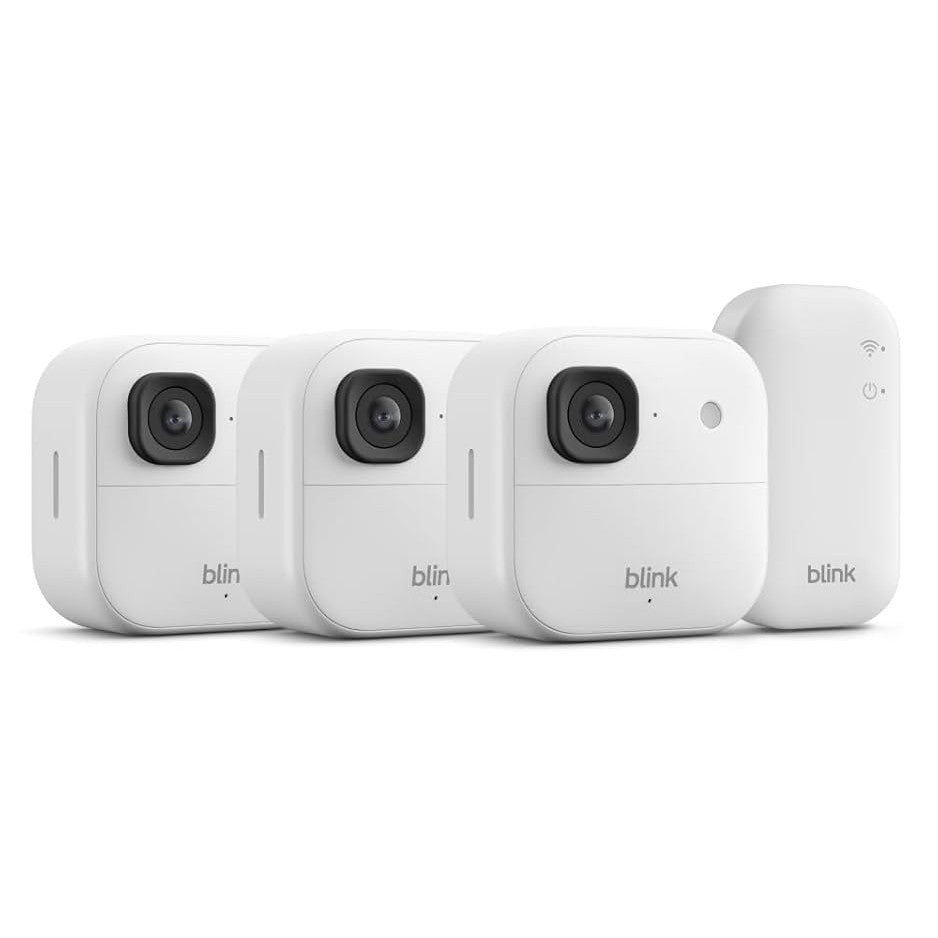 Set 3 camere de supraveghere Blink 2K+ de exterior, IP65, Wireless, senzor de miscare, generatie noua, rezolutie video 2K, audio bidirectional, zoom 4x, vizibilitate color in lumina slaba, alb