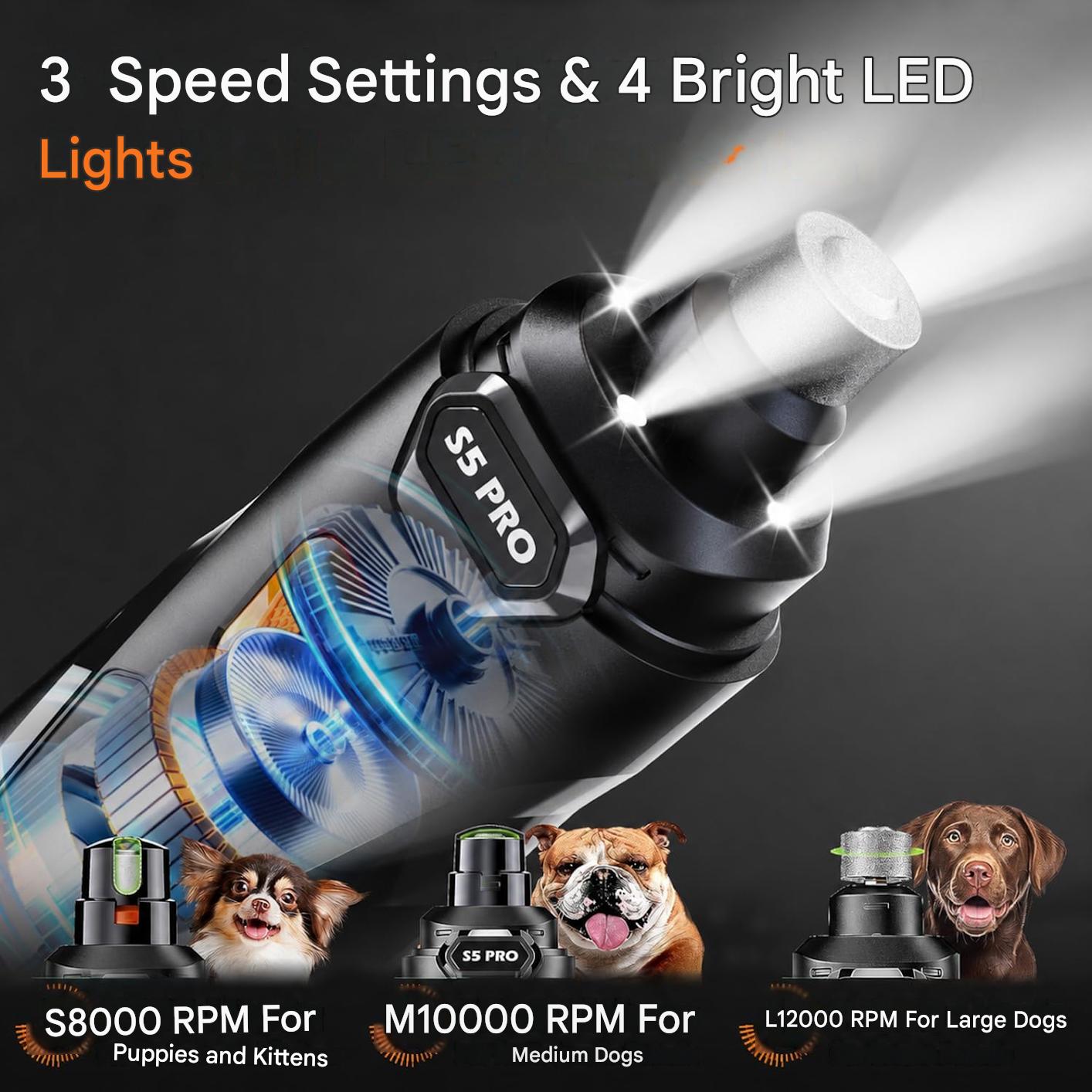 Pila electrica pentru pilire gheare caini si pisici, cu cleste pentru taiere, 4 LED, 3 viteze 12000 RPM, reincarcabil USB, trimmer unghii silentios, sistem siguranta anti-taiere, set complet cu accesorii