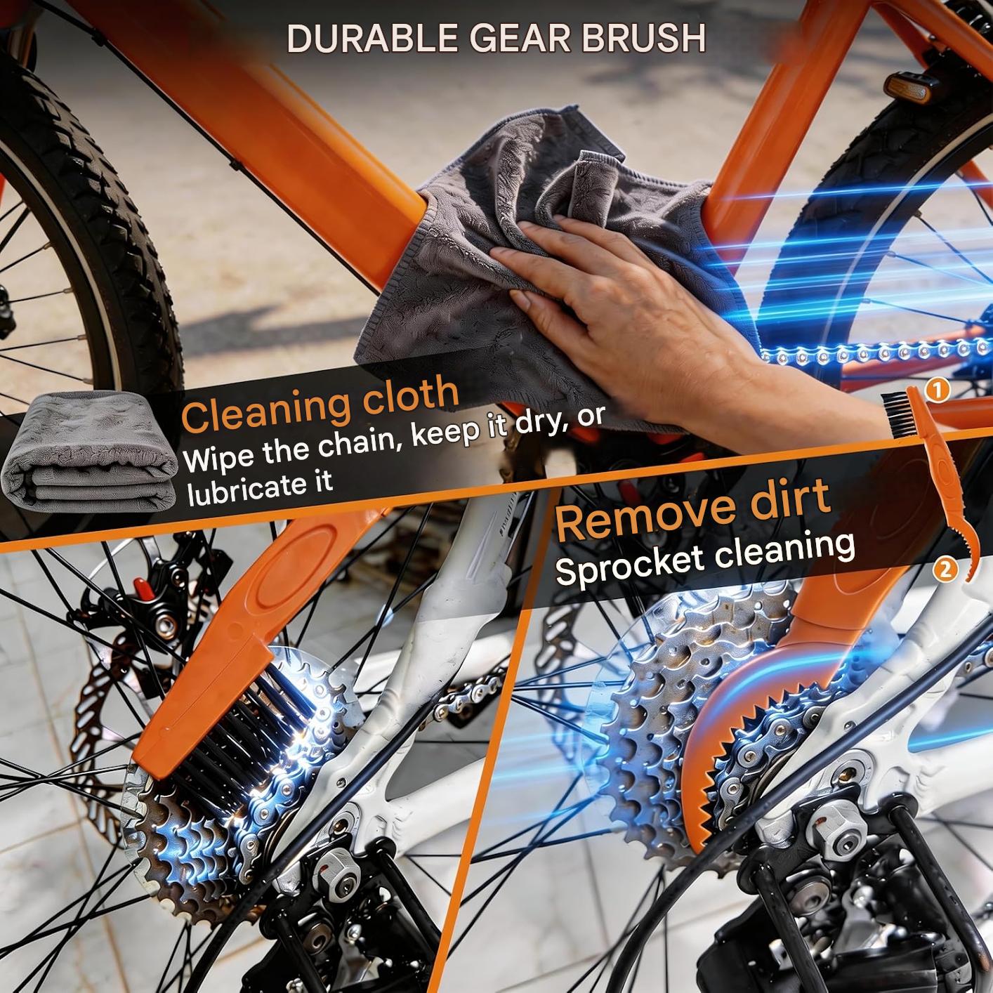 Kit curatare lant bicicleta, cu degresant 450 ml si ulei pentru lant 120 ml, perii curatare transmisie, laveta microfibra, set intretinere pentru MTB, cursiera si eBike