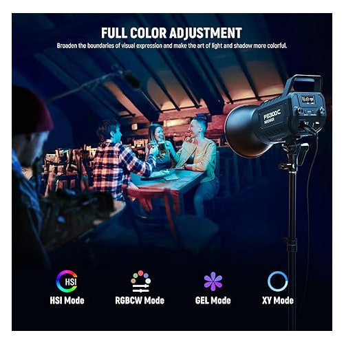 Lampa studio LED COB 300 W, RGB, 17 efecte, lumina continua COB 2500K-7500K, 29000 lux/1 m, dimabila, ventilator silentios, montura Bowens CRI95+/TLCI97+, cu control aplicatie dedicata, pentru fotografie de studio si inregistrare video