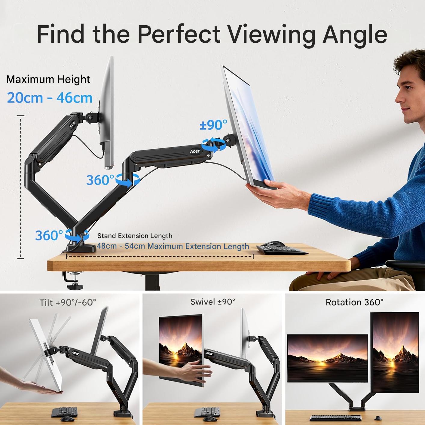 Suport dublu monitor Acer 17–32 inch, brat dublu ergonomic cu arc pe gaz, aluminiu, 2–9 kg/ecran, reglare inaltime 46 cm, extensie 54 cm, inclinare -60°/+90°, rotire 360°, VESA 75/100, montaj birou, gestionare cabluri