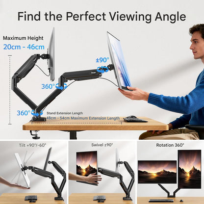 Suport dublu monitor Acer 17–32 inch, brat dublu ergonomic cu arc pe gaz, aluminiu, 2–9 kg/ecran, reglare inaltime 46 cm, extensie 54 cm, inclinare -60°/+90°, rotire 360°, VESA 75/100, montaj birou, gestionare cabluri