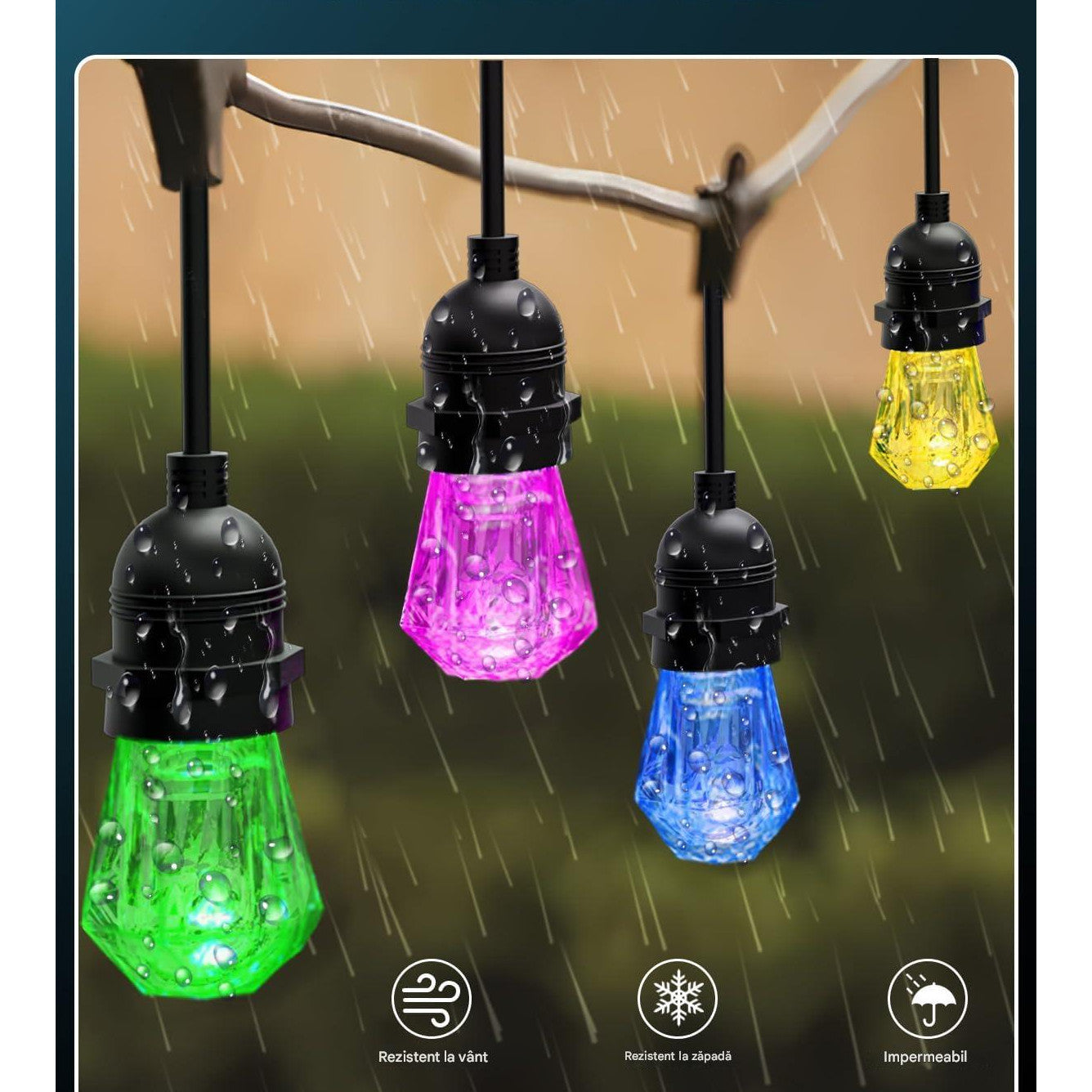 Ghirlanda luminoasa LED RGBW+IC, de 12 m, 12 becuri, fiecare bec controlabil individual, impermeabila IP65, dimabila, 16 milioane culori, aplicatie dedicata, compatibila Alexa/Google Assistant