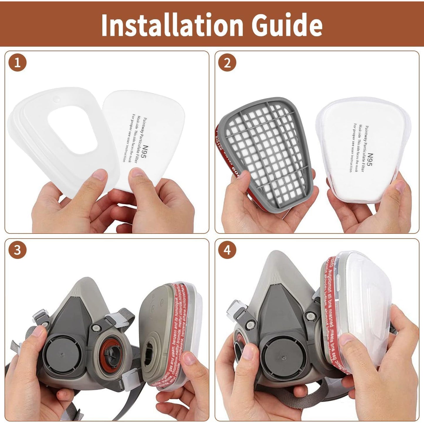 Set filtru 6001 pentru masca respiratorie - 100 cartuse + 4 filtre si capace, filtru chimic compatibil 6000, 6200, 6300, 6800, 7501, 7502 si FF402, protectie gaz, praf si particule, pentru mestesugari si vopsitorie