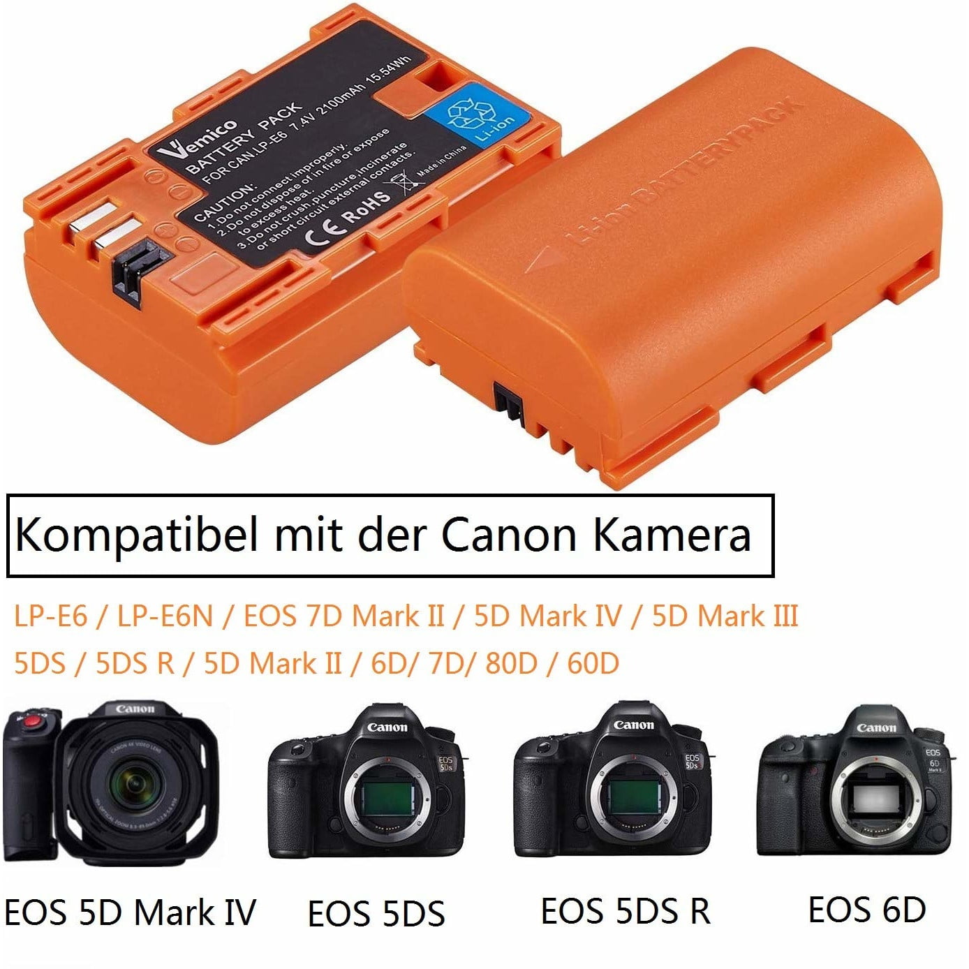 Set 2 Acumulatori LP-E6 LP-E6N + Incarcator , Vemico 2040 mAh , pentru Canon EOS 7D Mark II , 5D Mark IV , 5D Mark III , 70D , 5DS , 5DS R , 5D Mark II , 6D , 7D , 80D , 60D