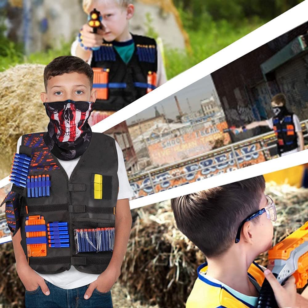 Set vesta compatibila Nerf N-Strike Elite, Tactical vest, 56 de piese, cu 50 sageti de burete, masca, ochelari, incarcator