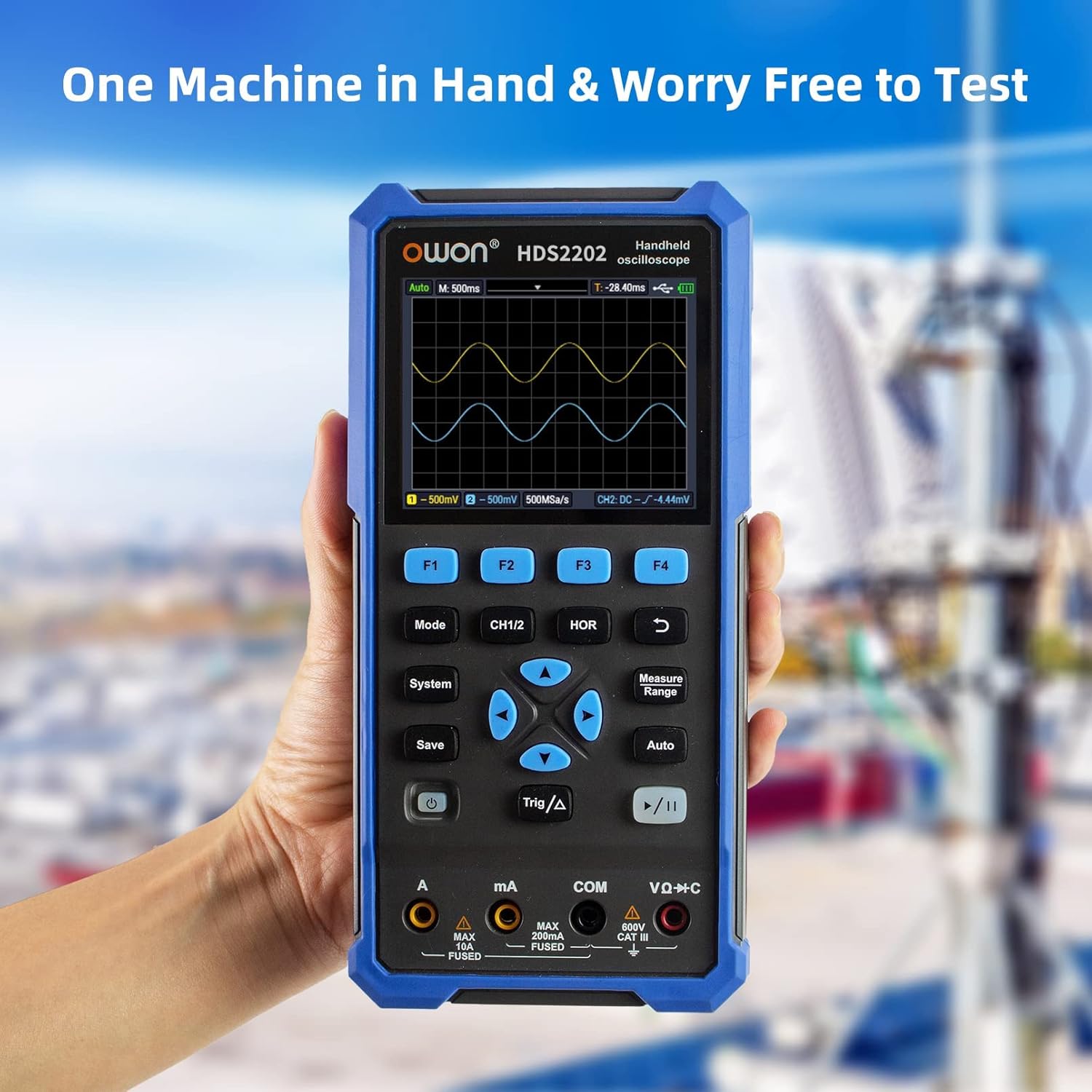 Osciloscop profesional portabil cu latime de banda 200 MHz, 1GSa/s, rezolutie verticala 10MV-10V, cu functie multimetru digital cu 20.000 counts, ecran 3.5 inch, acumulator 5200mAh, multifunctional