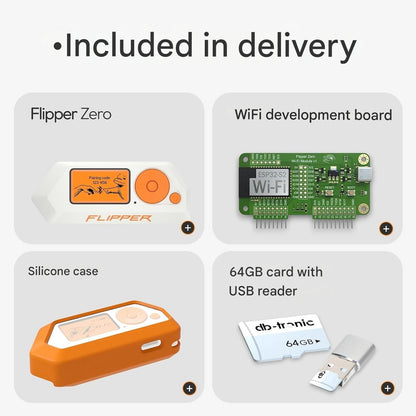 Set Flipper Zero cu carcasa din silicon, modul WiFi, Card de memorie de 64 GB si cititor de carduri