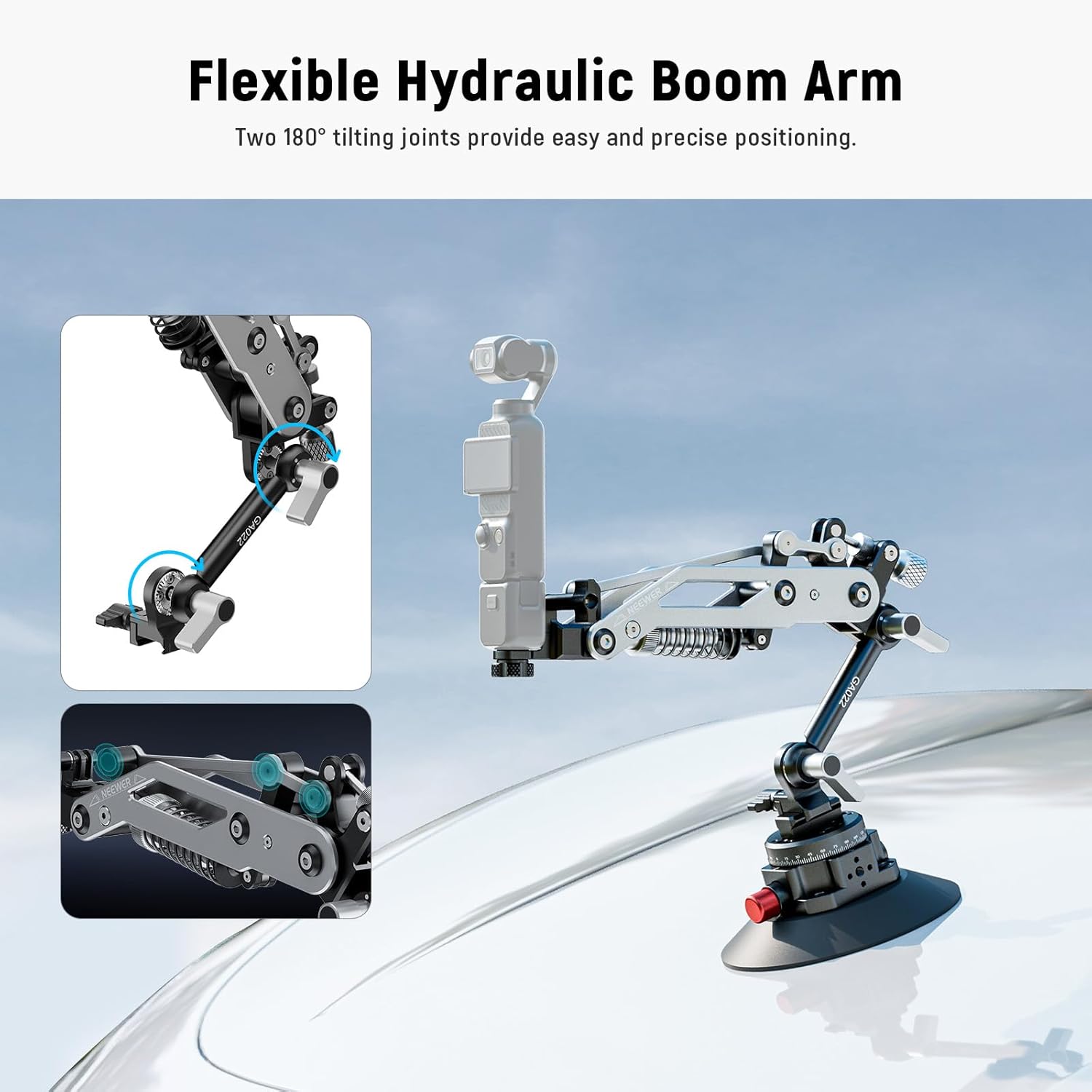 Suport auto NEEWER cu ventuza si brat hidraulic flexibil pentru camera de actiune si telefon – sina NATO, rotire 360°, compatibil DJI Osmo Pocket 3, Insta360 X3/X4/X5, GoPro Hero 9–13, telefon mobil, sarcina max. 500 g, aliaj aluminiu, GA022