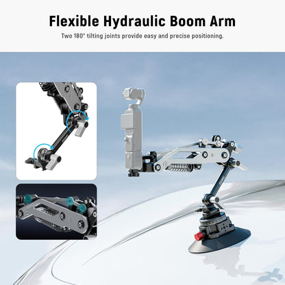 Suport auto NEEWER cu ventuza si brat hidraulic flexibil pentru camera de actiune si telefon – sina NATO, rotire 360°, compatibil DJI Osmo Pocket 3, Insta360 X3/X4/X5, GoPro Hero 9–13, telefon mobil, sarcina max. 500 g, aliaj aluminiu, GA022
