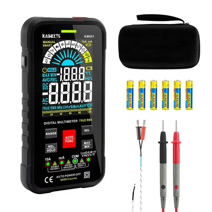 Multimetru digital smart, tester AC/DC CAT III 1000V CAT IV 600V True RMS, 10000 Counts, selectare automata a parametrilor masurati, tensiune, continuitate, rezistenta, temperatura, NCV, KAIWEETS KM601