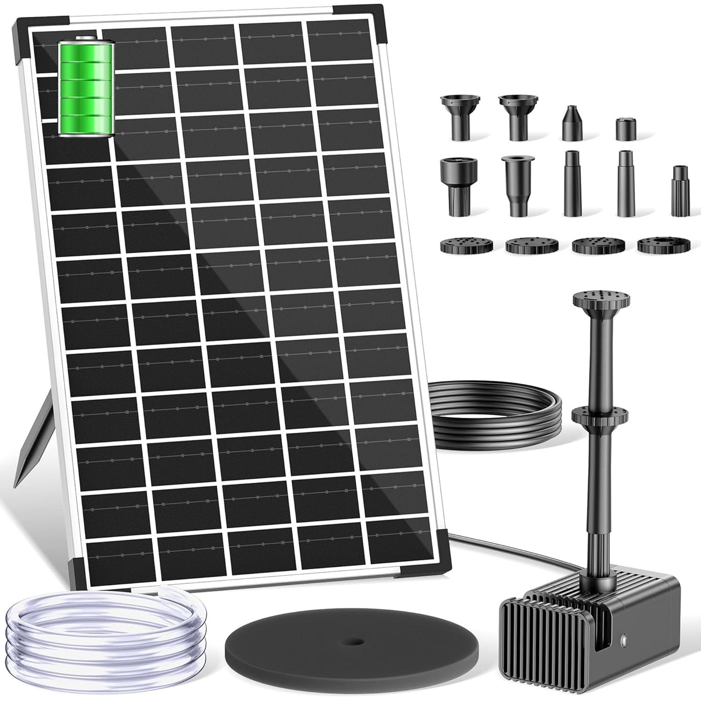 Fantana solara 12W cu baterie 5000 mAh, 10 duze si 10 stiluri de fantana, debit 300l/h, inaltime 0.3–0.8 m, panou solar cu cablu de 3 m, functie anti-uscare, functionare silentioasa ≤50 dB, pentru iaz, gradina, baie pasari si decor exterior