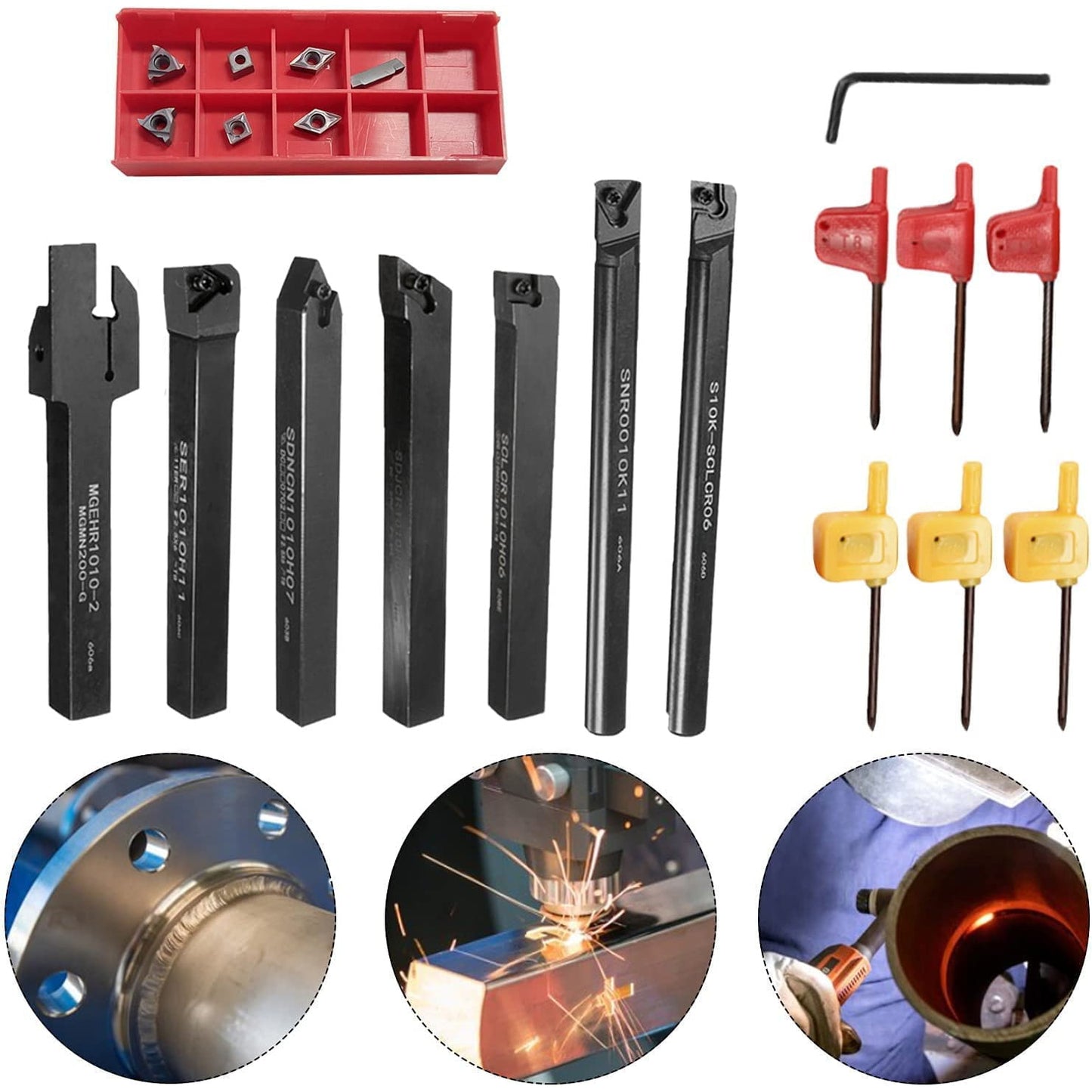 Set cutite de strung cu placute amovibile, 7 piese de strunjit de 10 mm cu bara de gaurit, unelte de strunjit cu insertii de carbura, 21 de piese