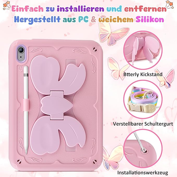 Husa Vunake tip fluture pentru iPad 11/10, cureaua de umăr detasabilă, suport stilou, roz
