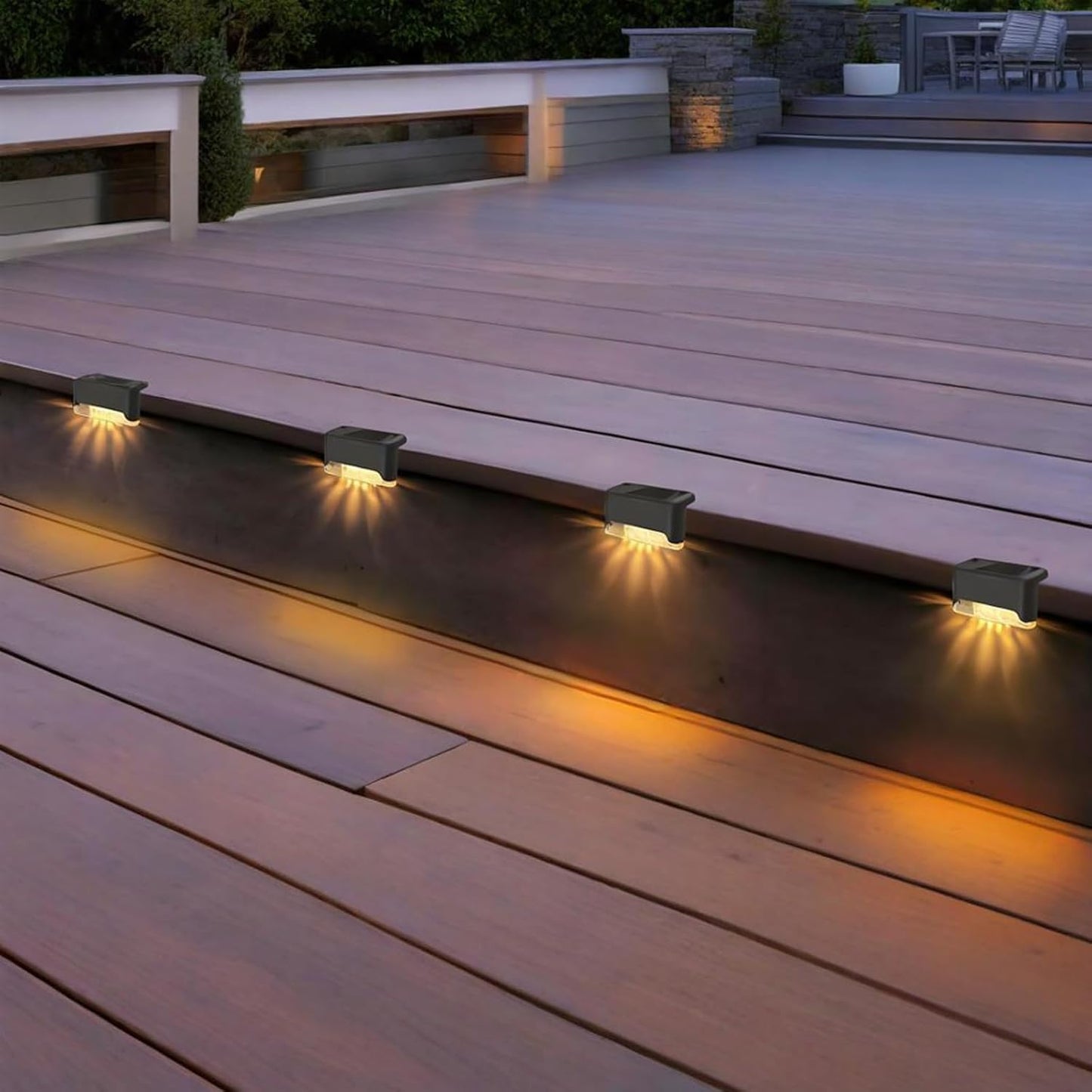 Set 12 lampi solare LED pentru trepte si terasa, impermeabile IP65, lumina alb cald – Iluminat exterior cu incarcare solara automata, pentru scari, gard, curte, gradina, alee sau piscina, negru