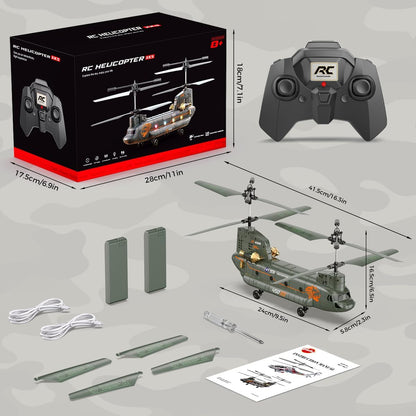 Elicopter cu telecomanda VATOS Chinook RC 2.4GHz, elicopter militar cu 2 motoare si 2 baterii reincarcabile, mentinere altitudine, decolare si aterizare cu un singur buton, lumini LED, sistem anti-blocare, zbor interior/exterior, pentru copii si adulti