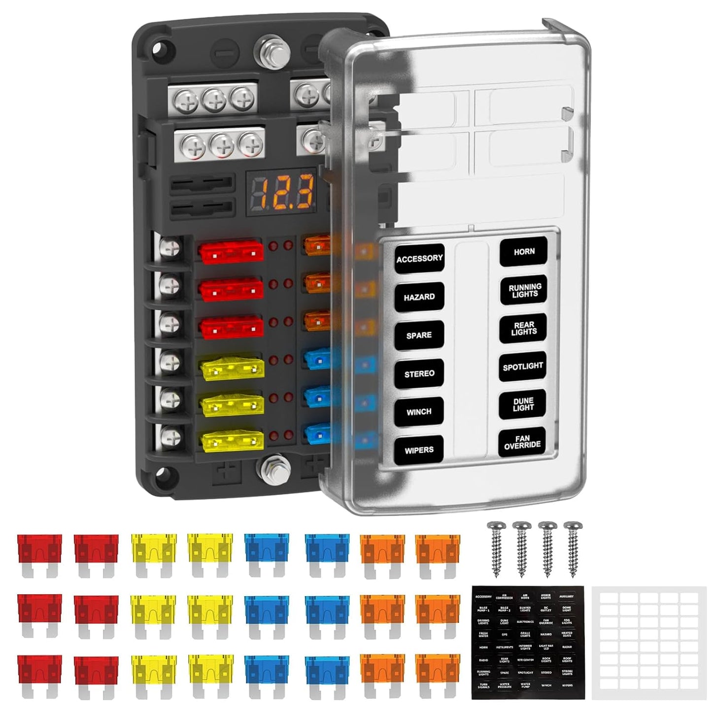 Set tablou sigurante auto cu 12 iesiri, 12–32 V, cu afisaj LED si capac de protectie, sigurante lama ATC/ATO incluse, pentru masina, motocicleta, barca, rulota, autorulota