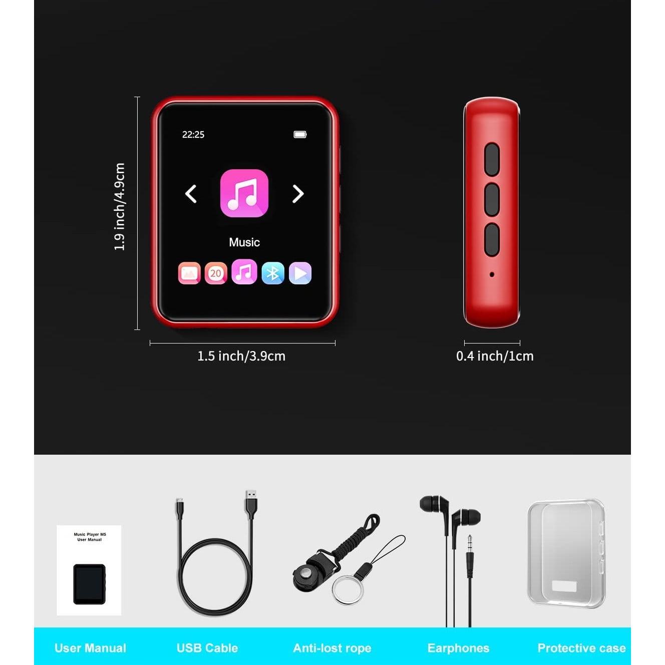 MP3 Player 32 Gb cu Bluetooth 5.0, sunet HiFi fara pierderi, cu difuzor integrat, Radio FM, inregistrare voce, touchscreen de 1,8 inch, accepta card de pana la 128 Gb, rosu