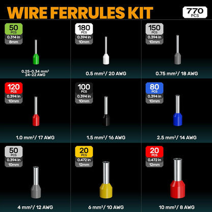 Cleste de sertizare, Trusa de sertizare cabluri electrice premium, 770 terminale, 9 tipuri [0, 25-10 mm²], Cleste cu reglare automata, Cutie de depozitare si transport