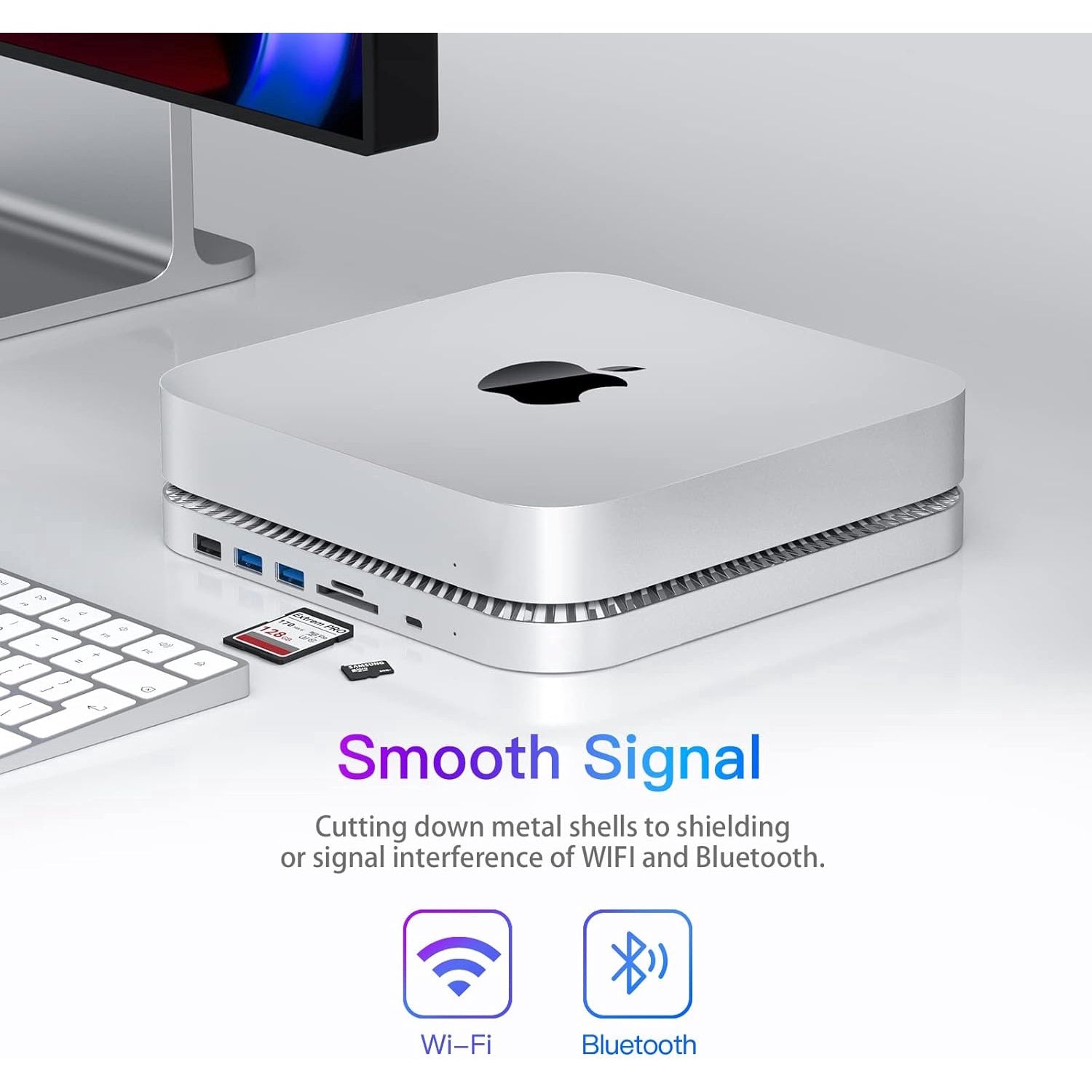 Stand si hub compatibil Mac Mini, cu carcasa SSD STA SATA de 2, 5 inch, 1 port USB-C, 2 porturi USB-A 3.0, 1 port USB-a 2.0, slot card MicroSD/SD, din aluminiu, pentru Mac Mini M1