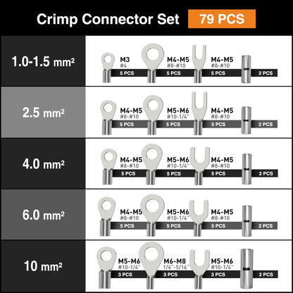 Set cleste de sertizare 1-10 mm², cu 79 bucati terminale, cabluri si tuburi termocontractile, cu cutie de depozitare si transport, SOMELINE