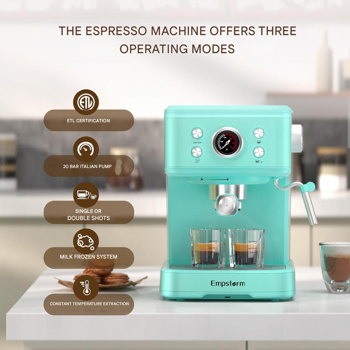 Aparat de cafea cu filtru de espresso Empstorm 20 bar, 1100 W, rezervor de apa de 1, 5 L, spumator de lapte profesional, aparat de espresso pentru cappuccino, latte si macchiato, albastru deschis