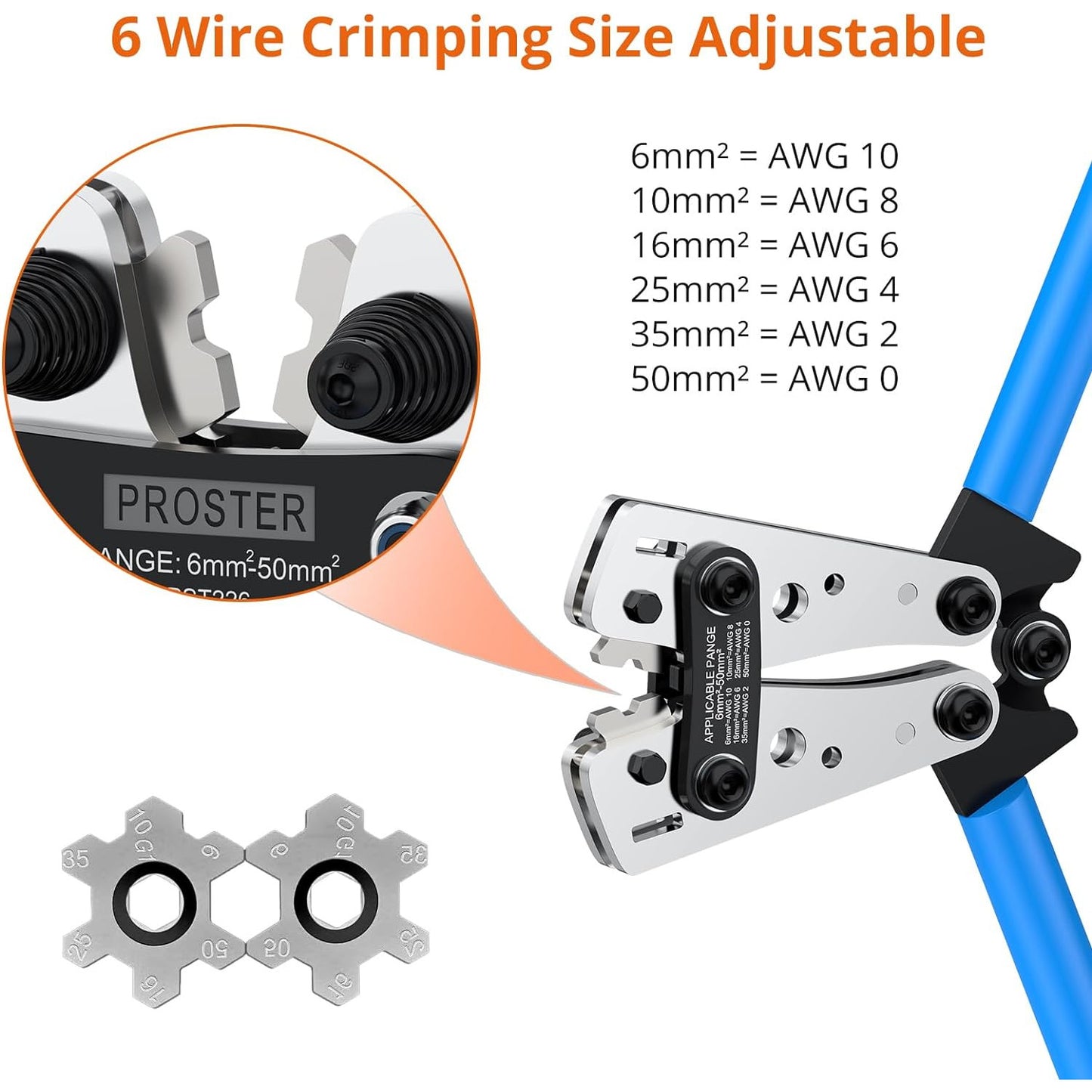 Set cleste de sertizare 6-50 mm² cu 100 bucati terminale AWG 10, 8, 6, 4 SC6-6 - SC25-8, cu cleste de taiat cabluri si tuburi termocontractile, Proster