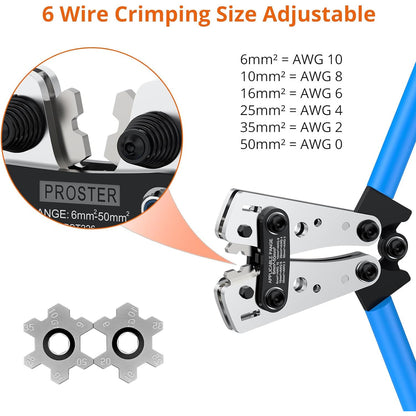Set cleste de sertizare 6-50 mm² cu 100 bucati terminale AWG 10, 8, 6, 4 SC6-6 - SC25-8, cu cleste de taiat cabluri si tuburi termocontractile, Proster
