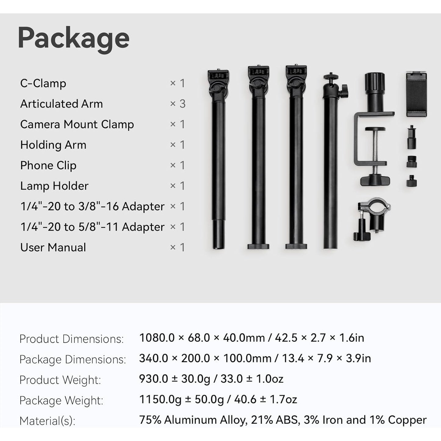 Stativ foto pentru camere DSLR, suport cu 2 brate SMALLRIG, brat detasabil flexibil, cap sferic 360°, cu surub 1/4 inch, clema C pentru fixare pe masa, ideal pentru fotografii, videografie, streaming live, vlogging si productie video profesionala