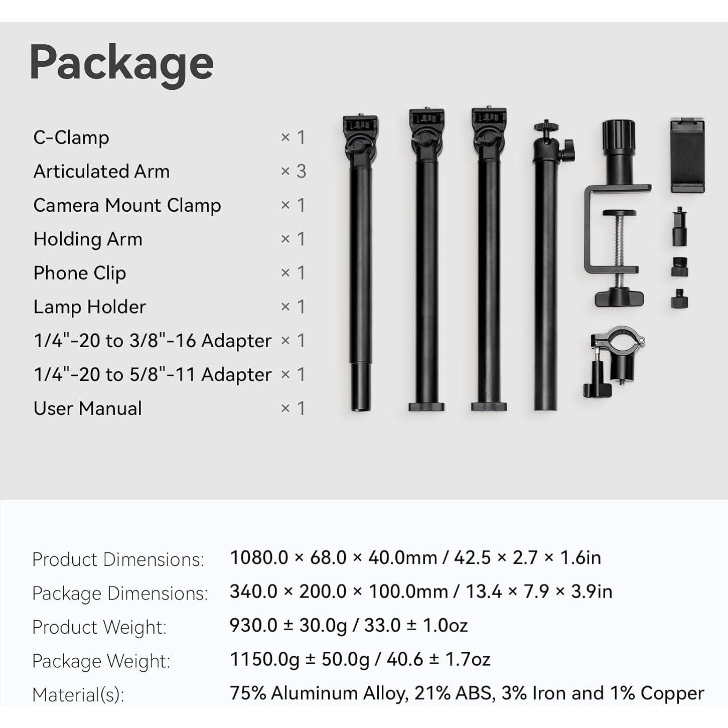 Stativ foto pentru camere DSLR, suport cu 2 brate SMALLRIG, brat detasabil flexibil, cap sferic 360°, cu surub 1/4 inch, clema C pentru fixare pe masa, ideal pentru fotografii, videografie, streaming live, vlogging si productie video profesionala