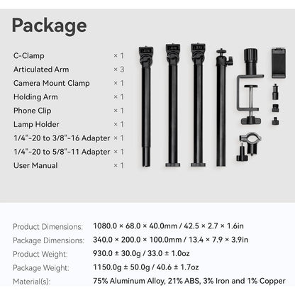 Stativ foto pentru camere DSLR, suport cu 2 brate SMALLRIG, brat detasabil flexibil, cap sferic 360°, cu surub 1/4 inch, clema C pentru fixare pe masa, ideal pentru fotografii, videografie, streaming live, vlogging si productie video profesionala