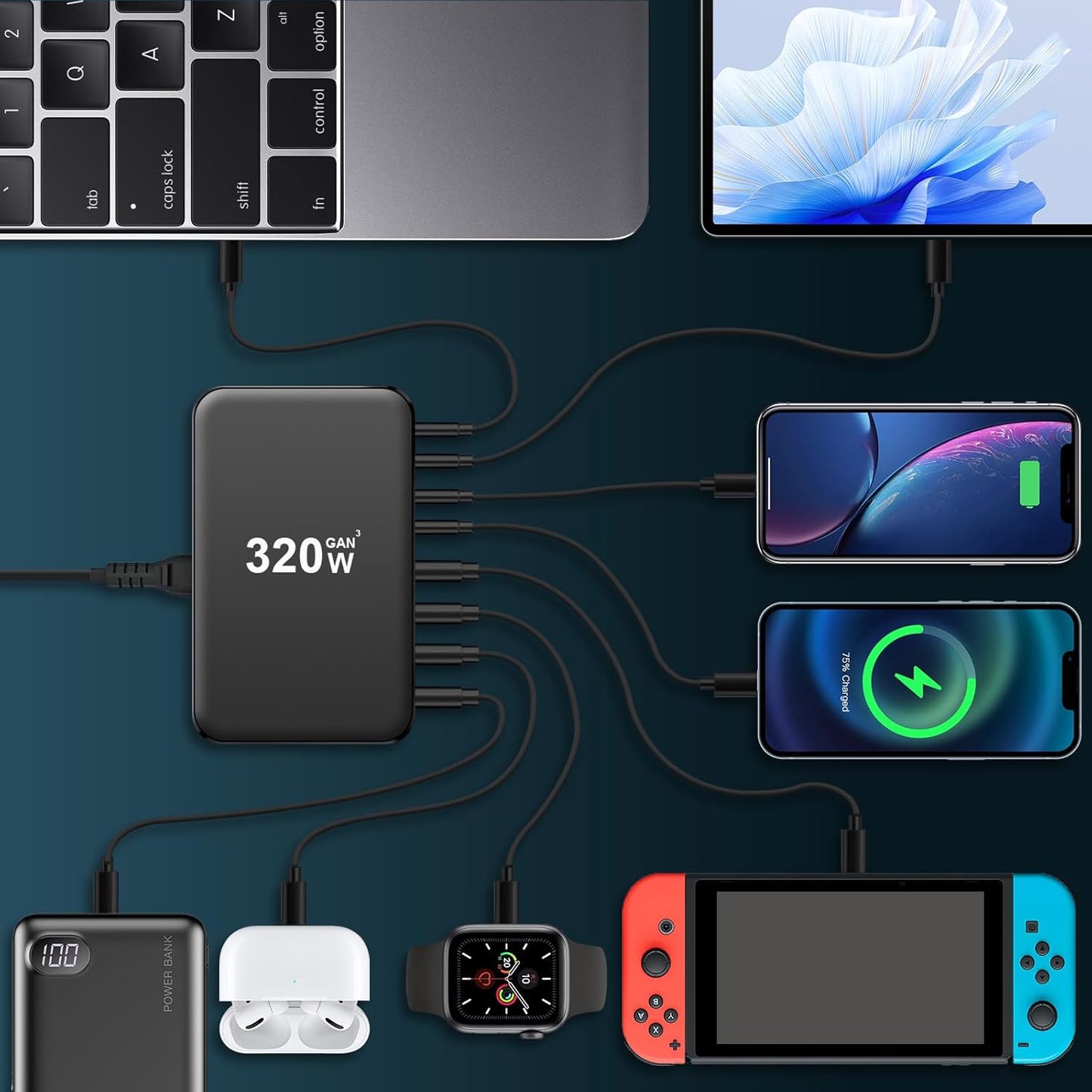 Incarcator retea 320 W, statie de incarcare GaN III, cu 8 porturi, 4 USB-C PD si 4 USB-A QC, pentru MacBook Pro Air, iPad Pro Air, iPhone, Galaxy, smartphone, laptop