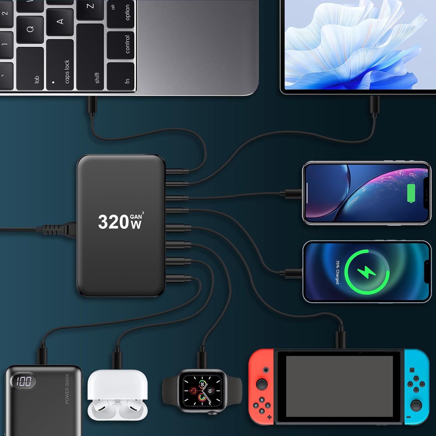 Incarcator retea 320 W, statie de incarcare GaN III, cu 8 porturi, 4 USB-C PD si 4 USB-A QC, pentru MacBook Pro Air, iPad Pro Air, iPhone, Galaxy, smartphone, laptop