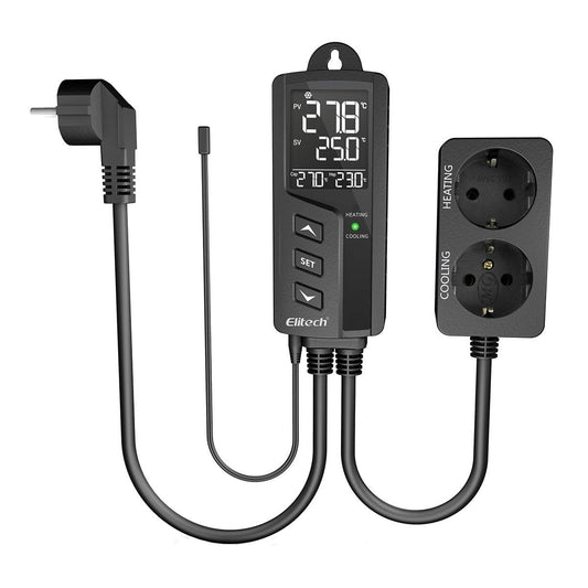 Priza smart cu termostat pe 2 canale, control incalzire si racire, ignifug clasa V0, cu display LCD, alarma de temperatura, plug and play, pentru sera, incubator, acvariu