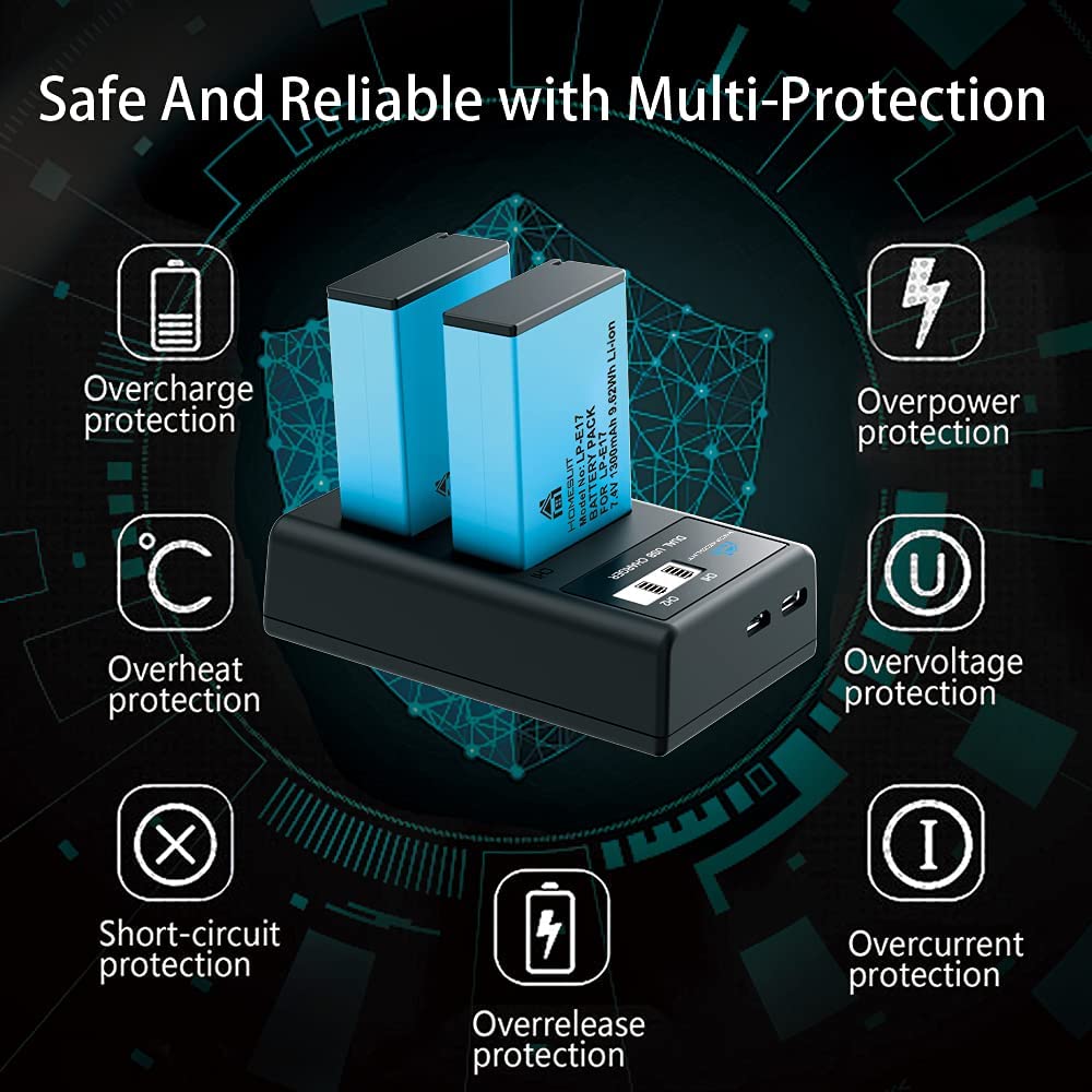Set de 2 acumulatori 1300mAh LP-E17 si incarcator dublu cu display LCD, pentru Canon Rebel SL3, SL2, T8i, T7i, T6i, T6s, EOS M3, M5, M6, EOS 200D, 77D, 750D, 760D, 800D, 800D