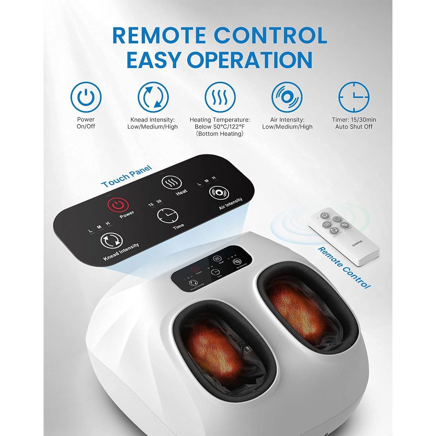 Aparat de masaj Shiatsu cu functie de caldura, telecomanda, perne cu aer comprimat, role, temporizaror, panou de control cu touch, Renpho, alb