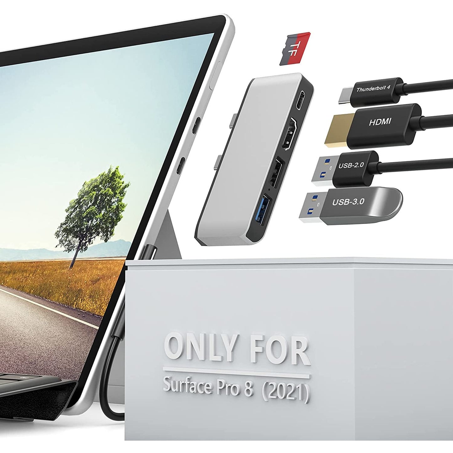 Hub adaptor USB C pentru Surface Pro 8, cu USB C Thunderbolt, HDMI 4K, USB 3.0, USB 2.0, Slot card TF, statie de andocare pentru monitor dual