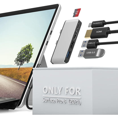 Hub adaptor USB C pentru Surface Pro 8, cu USB C Thunderbolt, HDMI 4K, USB 3.0, USB 2.0, Slot card TF, statie de andocare pentru monitor dual