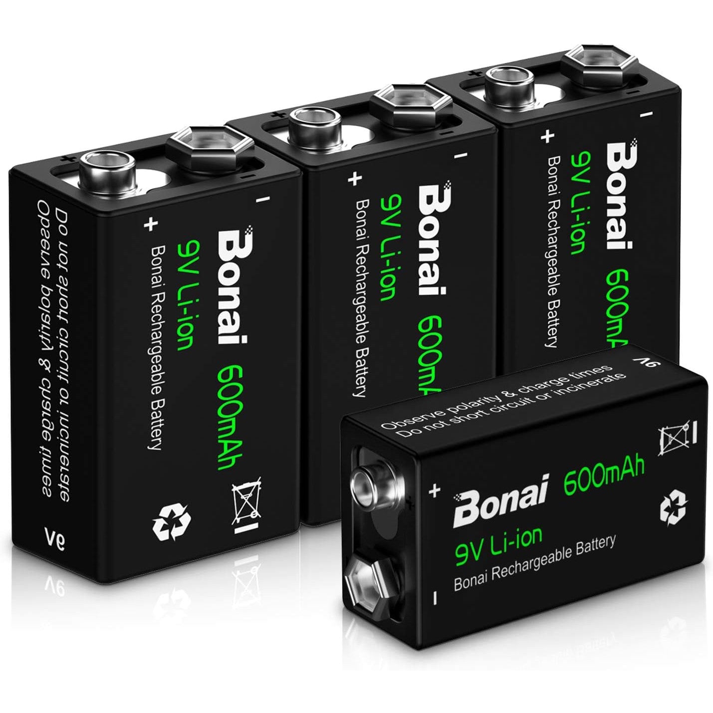 Set 4 baterii 9 V reincarcabile litiu-ion, 600mAh, 6F22, dimensiune standard, acumulatori pentru detectoare de fum, microfoane si multe altele