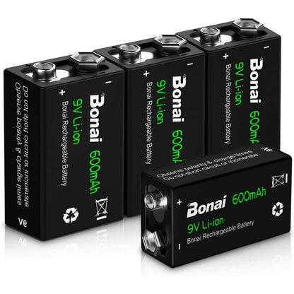 Set 4 baterii 9 V reincarcabile litiu-ion, 600mAh, 6F22, dimensiune standard, acumulatori pentru detectoare de fum, microfoane si multe altele