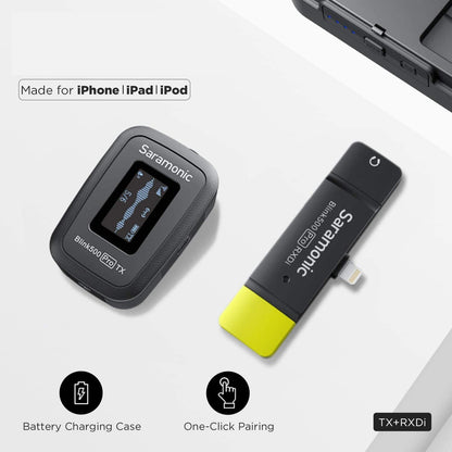 Microfon lavaliera wireless cu transmitator si receptor pentru Iphone iOS, Saramonic Blink500 PRO B3, pentru inregistrare audio, video, transmisie live, interviu