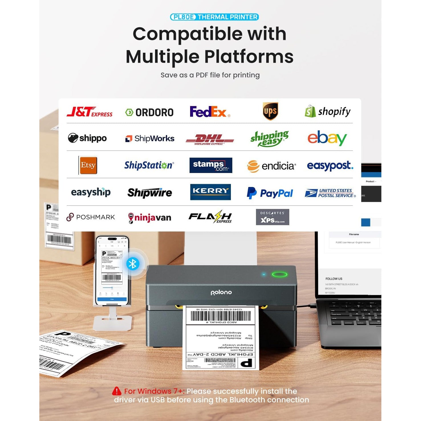 Imprimanta termica Bluetooth, pentru etichete rola si pliabile 4 x 6 inch, 150 mm/s, 230 DPI, compatibila iOS, Android, Windows, Mac, Amazon, Shopify, Etsy, USPS, gri